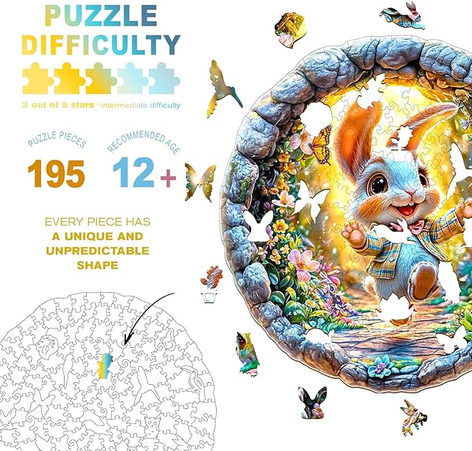 Wooden Puzzles for Adults - Cheerful Bunny Wooden Puzzles - Unique Shaped Wooden Jigsaw Puzzles - Animal Wooden Puzzle Creative Bunny Gifts - Puzzle Toys - 195pcs