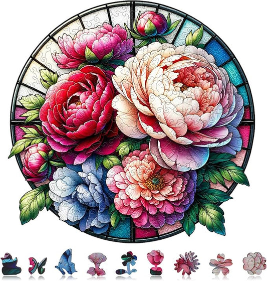 Wooden Jigsaw Puzzles for Adult, Glass Peony Flowers Wooden Puzzle, 200 Piece, Medium Size 11.23" x 10.95", Unique Challenge Puzzle for Puzzle Lover, Premium 5mm Wood, Vibrant Colors