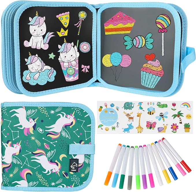 Erasable Doodle Set for Kids - Magic Drawing Book With 12 Watercolor Pens, 14 Page Reusable Drawing, Road Trip Car Game Writing Painting Set for Boys and Girls