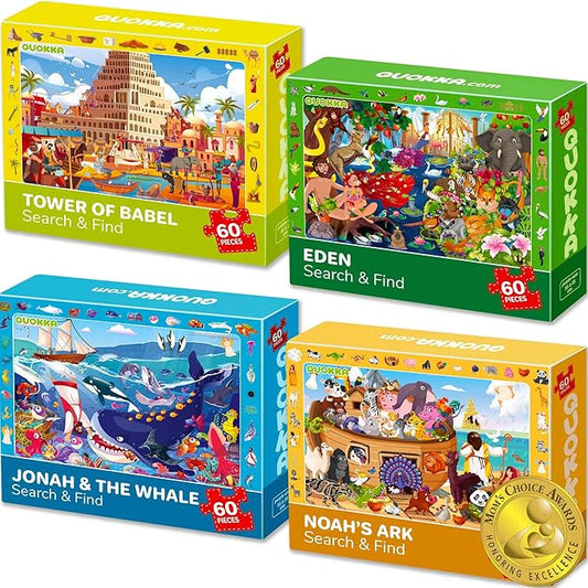 QUOKKA 60 Piece Kids Puzzles Ages 5-8 - Set of 4 Bible Jigsaw Puzzles for Kids 4-6-10 Year Old - Tower of Babel - Noah`s Ark - Eden Toys for Children 5-7 yo - Christian Gifts for Boys & Girls