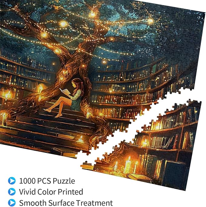 Library Book Puzzle Jigsaw Puzzles for Adults 1000 Pieces A Girl Sitting Under Bookshelf Puzzle Funny Puzzles for Friends Family Activity Game Nights