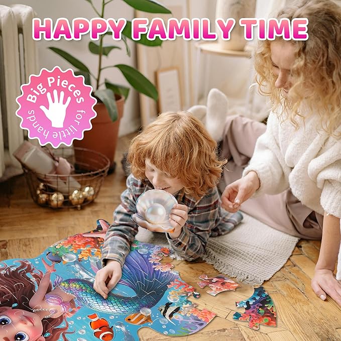 Floor Puzzles for Kids Ages 3-5, Mermaid Puzzles for Toddler Ages 4-6, 48 Pieces Jumbo Puzzles with Box, Mermaid Toys for Gifts 3-8 Years Old
