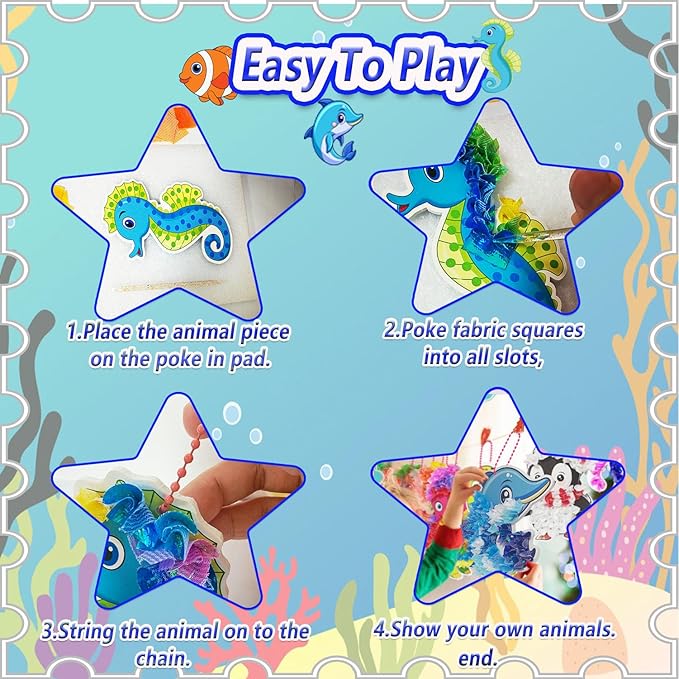 mom&myaboys Mess-Free Poke Art for Kids Ages 4-8 - Ocean Animals Craft Kit (8 Sea Creatures: Jellyfish, Dolphin, Turtle & More) | Beginner Sewing Toys for Toddlers | Creative Gift for Girls and Boys