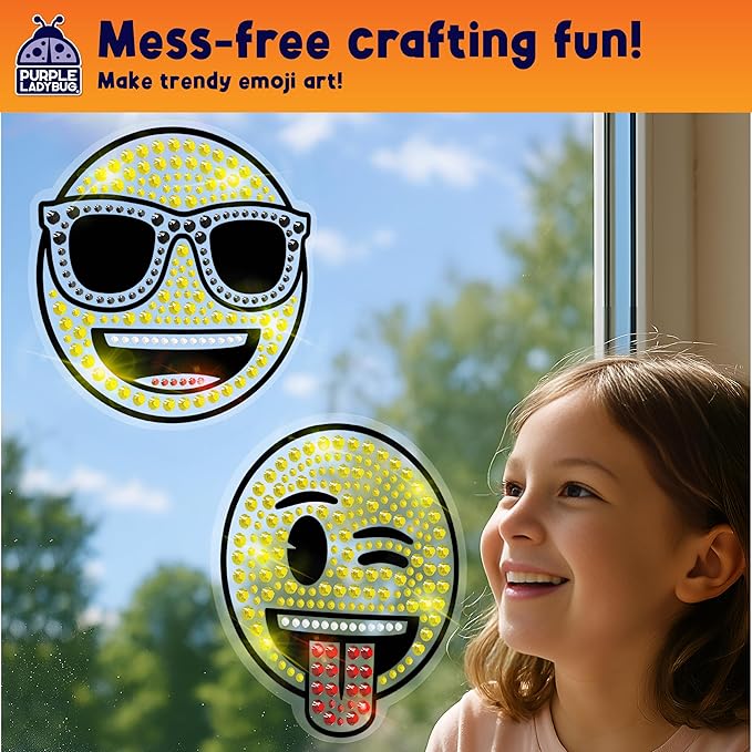 SUNGEMMERS Emoji Cool & Wink Window Art Kit - DIY Diamond Art Suncatcher Craft for Kids Ages 6-12 - Creative Gift for Girls, Boys, Mess-Free Arts & Crafts Set with 1000+ Gem Stickers, Templates