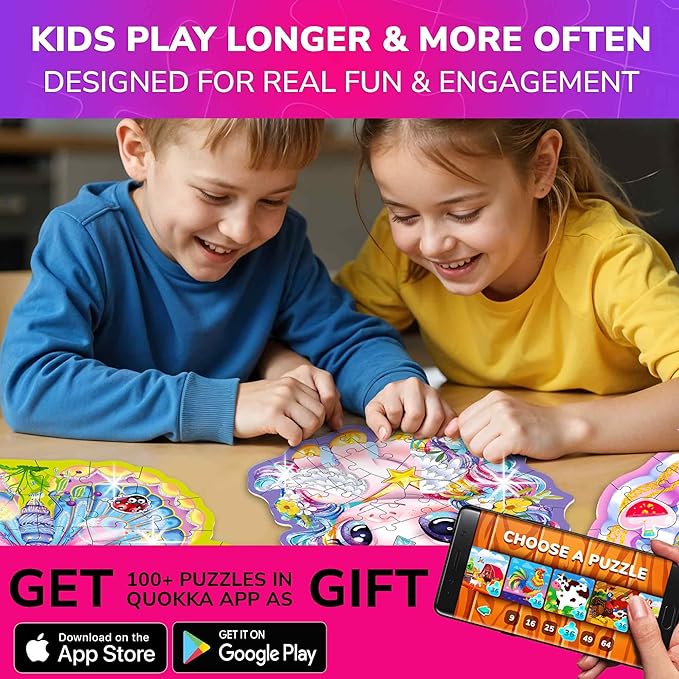 QUOKKA Shimmer Puzzles for Kids Ages 4-6 – 48 Piece Shaped Jigsaw Puzzles for Toddlers 3-5 – 4-Pack Princess, Mermaid, Butterfly & Unicorn Children's Game Ages 4-8 – Unique Gift Toy for Preschoolers
