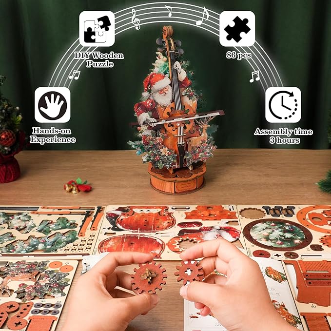 3D Wooden Puzzles for Adults, Christmas Cello Music Box, Model Kits for Adults, Wooden Building Kit Desk Home Decor, Hobbies for Men Women