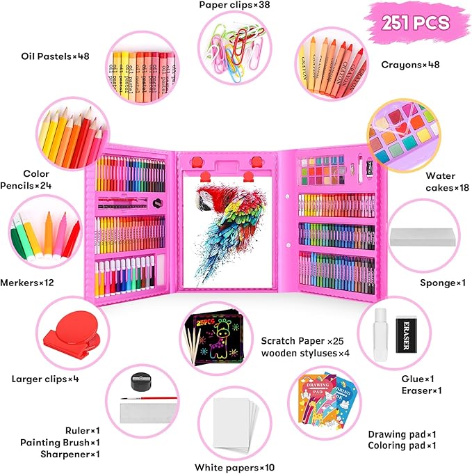 iBayam Stocking Stuffers, Art Supplies, Arts and Crafts for Kids Ages 8-12, Teens Girls Christmas Gifts, 251-Pack Art Set Case with Trifold Easel, Sketch Pads, Gifts for 5-12 Year Old Girl