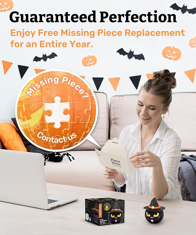 PieceRelax Halloween 3D Puzzle Candle Light 80 Pieces - LED Jack O’ Lantern - Rechargeable Plastic Pumpkins for Indoor & Outdoor Spooky Decorations, Magic Cat [KL1075]