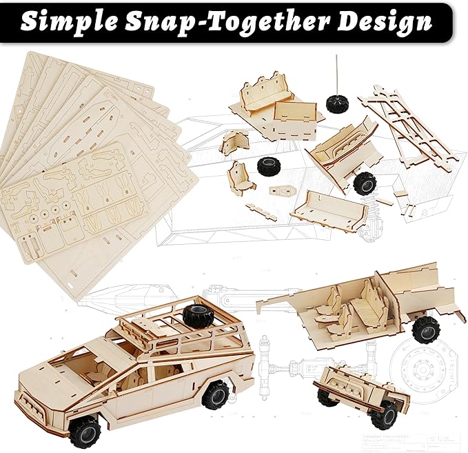 SIGHTEEDA Cyber Truck 3D Wooden Puzzle - 92 Pcs Pull-Back Car STEM Model Kit, DIY Building Toys for Kids & Teens Ages 6-12 | Creative Gift Idea