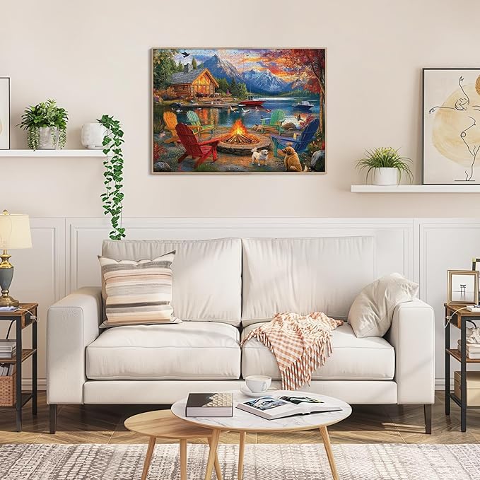 Lake Retreat Cottage Jigsaw Puzzle for Adults 1000 Pieces - Fall Landscape Puzzle with Log Cabin, Dogs, Ducks & Mountains - Challenging Nature Autumn Puzzle, 28x20in - Family Games & Gift