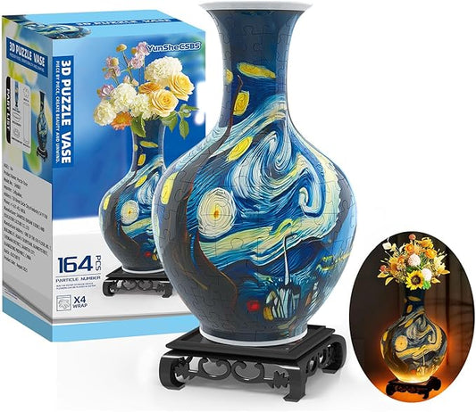 3D Puzzles Vase for Adults, Crafts for Adults, 164 Pieces Plastic DIY Unique Flower Vase with LED Light House Warming Gift Birthday Gifts for Flower Arrangements and Home Decor (Blue)