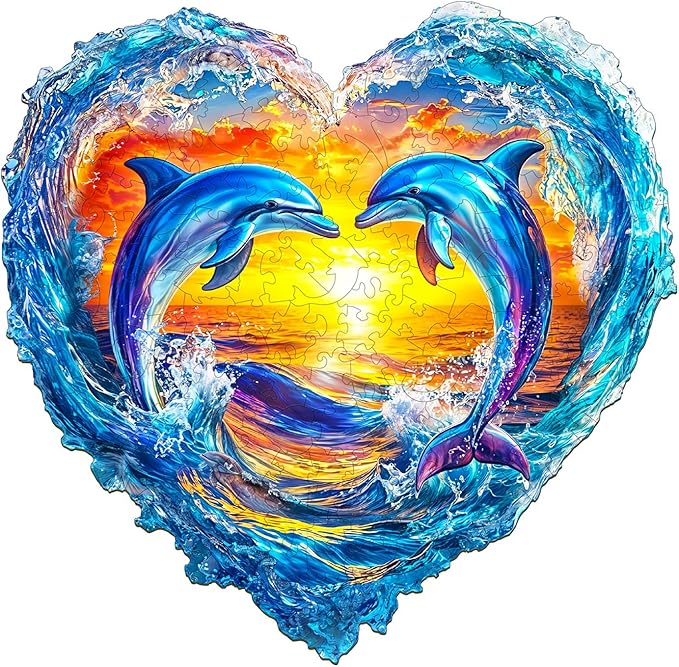 Wooden Puzzles for Adults - Heartfelt Dolphins Wooden Jigsaw Puzzle, Unique Animal Shaped Wood Puzzles Adult, Christmas Birthday Gifts for Friends/Family, Home Decor 13.4 * 13.1in 250pcs