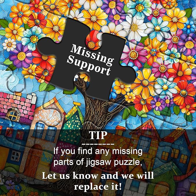 PICKFORU Stained Glass Tree of Life Puzzles for Adults 1000 Pieces, Colorful Village Puzzle with Houses Flowers Trees Butterfly, Nature Impossible Hard Challenge Jigsaw Puzzle