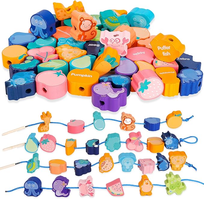 50PCS Wooden Lacing Beads,Animals Fruits Threading Beads Set,Wooden Preschool Learning Lacing Toys,Vegetable Stringing Toy,Montessori Educational Threading Toy for Toddlers 3 4 5 6 Year Old Boys Girls