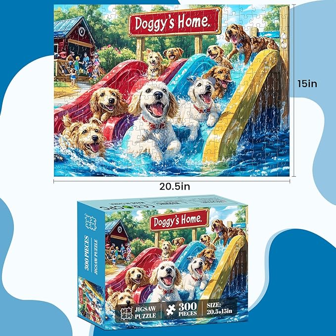 300 Piece Puzzle for Adults,Puppies Jigsaw Puzzles 300 Pieces for Adult Kids Elderly Premium Cardboard Dog Summer Jigsaw Puzzle Challenging Puzzles Game Family Activity Gift Toy 20.5x15in