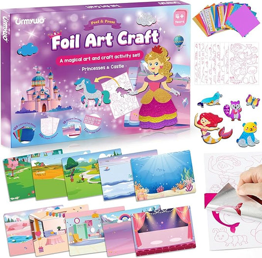 Foil Arts and Crafts for Kids Ages 4-8, No Mess Princess Fun Foil Art Craft Supplies Kits, DIY Creative Activity Travel Toys, Sticker Coloring Books, Gifts for 4 5 6 7 8 9 10 Year Old Girls Boys