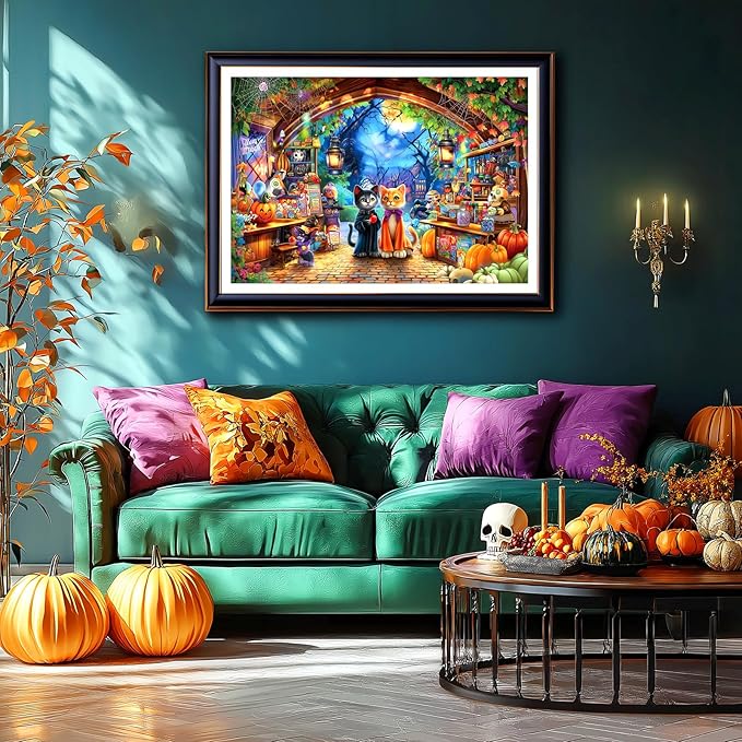 Halloween Cat Candy Shop 1000 Piece Jigsaw Puzzle for Adults Spooky Horror Puzzle with Ghosts Pumpkins Moonlit Night Scary Haunted Creepy Kittens Puzzle Fun Game Night(27.6" x 19.7")