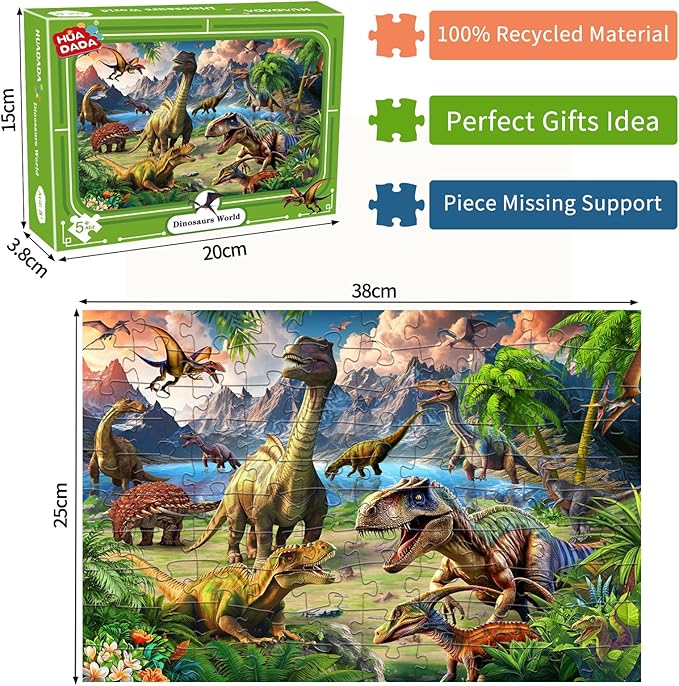 Dinosaur World 100 Piece Puzzle for Kids Ages 4-8 - Children's Learning Educational Toy Gift for Girls 4-10 Years Old (15" X 10")