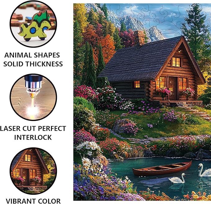 GLOBLELAND 300Pcs Riverside Cottage Wooden Jigsaw Puzzles for Adults 11.22x15.16inch Colorful River Landscape Wood Puzzles for Holidays Birthday Gifts