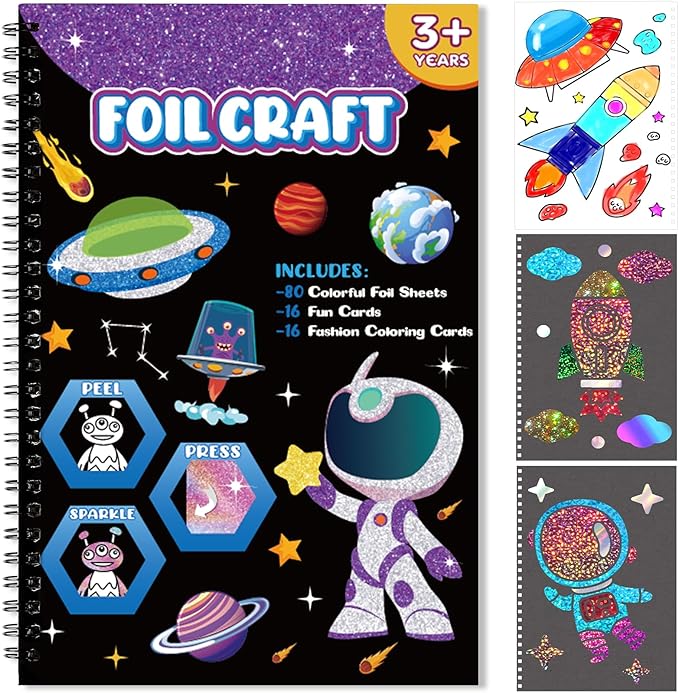 Art & Craft Activity,Foil Craft Outer Space DIY Art Fun Kits,No Mess Creative Foil Art Kits Set Drawing Game for Kids,Birthday Gifts Craft Supplies Travel Toys for Girls Boys Ages 4 5 6 7 8 9 Year Old