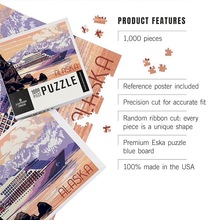 Lantern Press 1000 Piece Jigsaw Puzzle for Adults, Alaska, Cruise Ship and Sunset