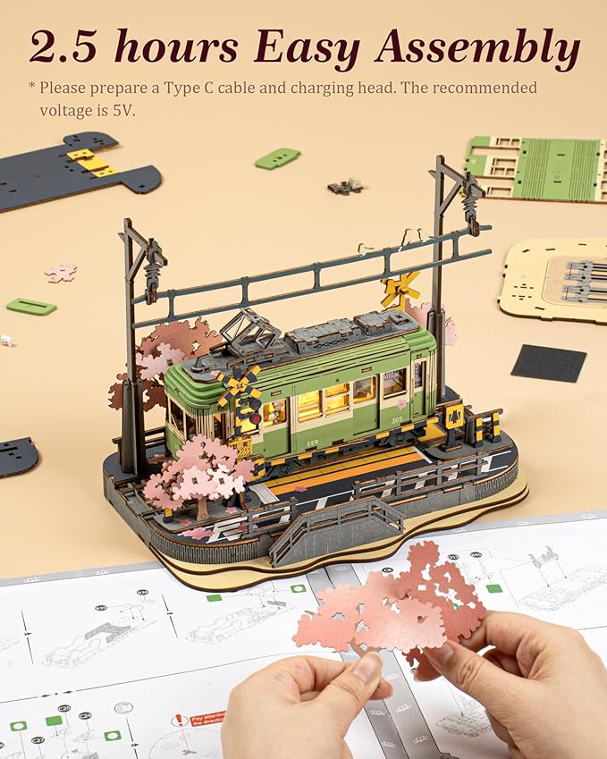 ROBOTIME 3D Puzzles for Adults DIY Model Building Toy with LED Light Wooden Craft Kits Diorama Tram Hobby for Brain Teaser Gift (Sakura Journey)