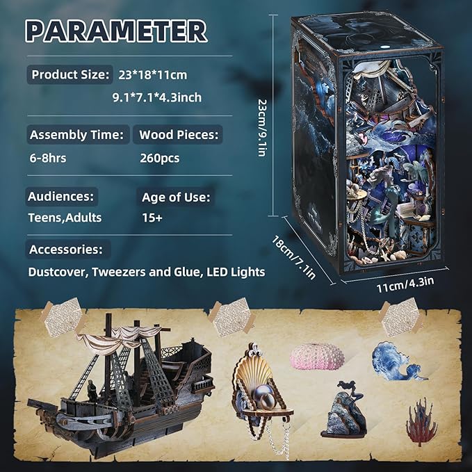 Book Nook Kit, DIY Doll House Booknook, Miniature Kit for Bookshelf Doll Houses for Adults Teen Halloween, 3D Wooden Puzzle Bookends with Led Light and Dust Cover (Sirens Song)