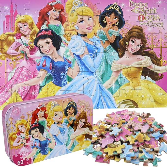 Wooden Princess Puzzles, 60 Pieces, Ages 3-5, Educational Jigsaw Puzzles for Kids, Girls and Boys Toys in Metal Box, 60 Count (0678)