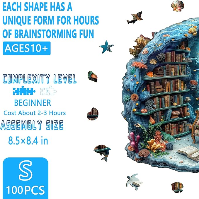 Wooden Puzzles for Adults, Undersea Book House Wooden Jigsaw Puzzle for Adults, Unique Shape Wood Puzzles Adult, Presents for Women and Men, Wall Art Home Decor(S -8.5 * 8.4in-100 pcs)