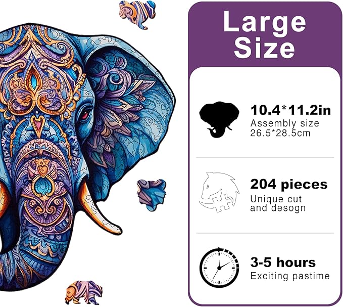 Wooden Puzzles for Adults, Elephant Wooden Jigsaw Puzzle, Unique Animal Shaped Puzzles, Premium Box Wood Cut Puzzles for Teens, Best Family Ideas (L-10.4 * 11.2in-204pcs)