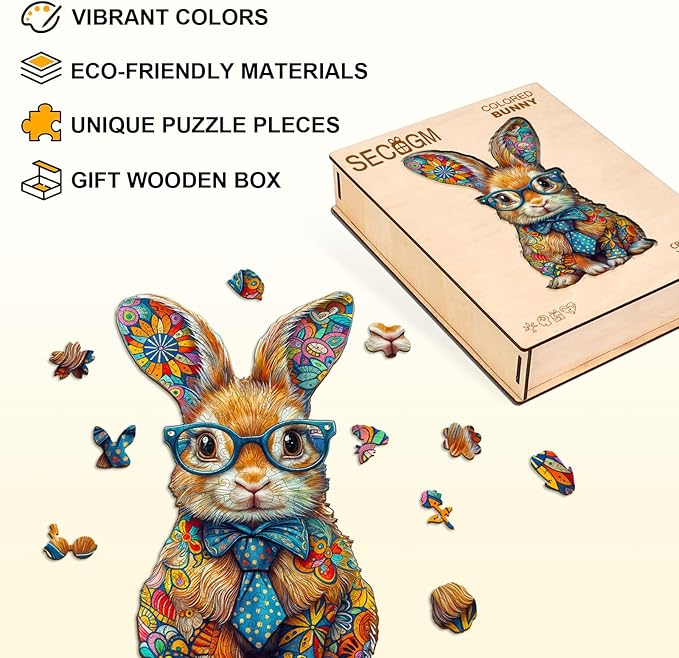 Wooden Puzzles for Adults - Colorful Bunny Wood Puzzles Adult - Unique Animal Shape Wooden Jigsaw Puzzles for Adults - Birthday Gifts for Puzzle Lovers, Family (11.4 * 6.8in)