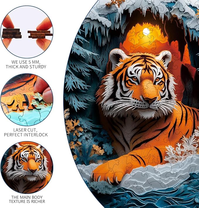 Wooden Jigsaw Puzzle, 200-500 Pieces Unique Shape Animal Puzzle, for Adults & Kids, Birthday Gift Family Game, Decorative Puzzle, Unique Gift (Snow Tiger, 200 PCS)
