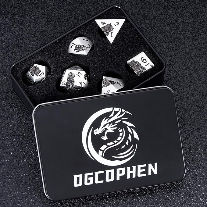 Metal DND Cat Dice 7PCS Polyhedral RPG Dice Set with Gift Case for Dungeons Dragons Role Playing Game, D and D Dice D6 D8 D10 D12 D20 D% (Silver Black)
