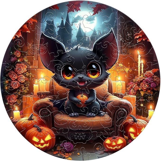 Wooden Puzzles for Kids Ages 4-6 - Halloween Black Bat 50 Pieces Children Puzzles - Large Pieces Kids Puzzle with Unique Shapes - Educational Puzzles for Boys and Girls (11.4 * 11.4 in)