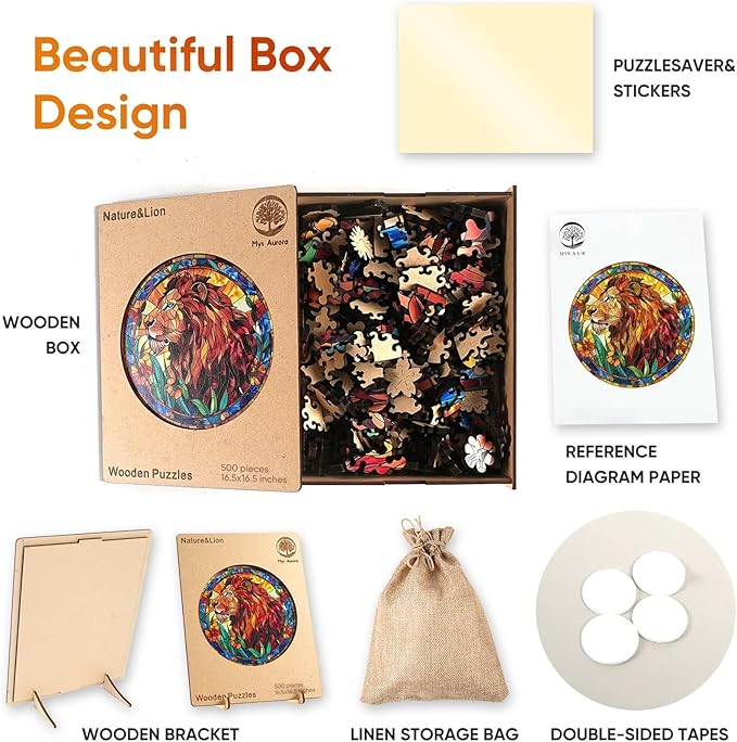 Unique Wooden Jigsaw Puzzles - Nature&Lion, 500 Pcs King Size 16.5'' x 16.5'', Luxurious Animal Shaped Wood Puzzle, Beautiful Package, Best Gift for Adults