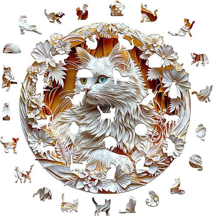 Wooden Puzzle for Adults-3D Visual Effect White Cat Wooden Puzzle Unique Shape Advanced Wooden Jigsaw Puzzle for Adult, Best Birthday Gifts,Halloween Challenge Craft (S-8.5 * 8.4in-100pcs)