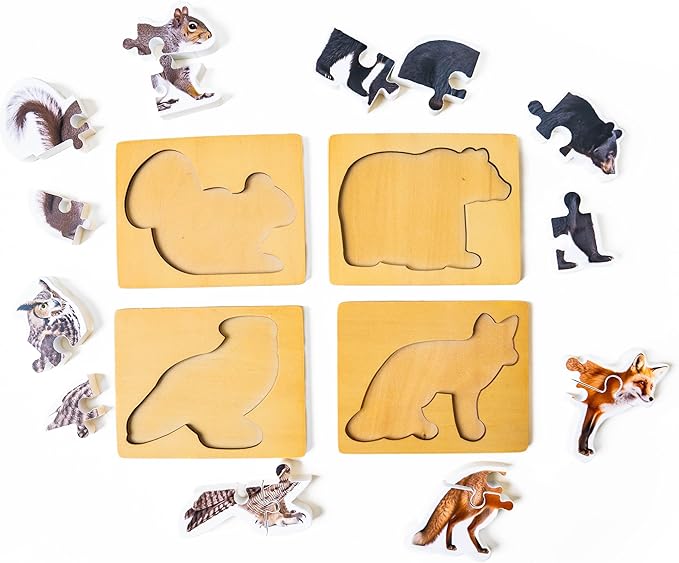 Wooden Montessori Animal Puzzles for Toddlers 2+ Years | Realistic Chunky Woodland Animal Shape Puzzle | Educational Learning Toy - Four-Piece Woodland Creature Puzzles