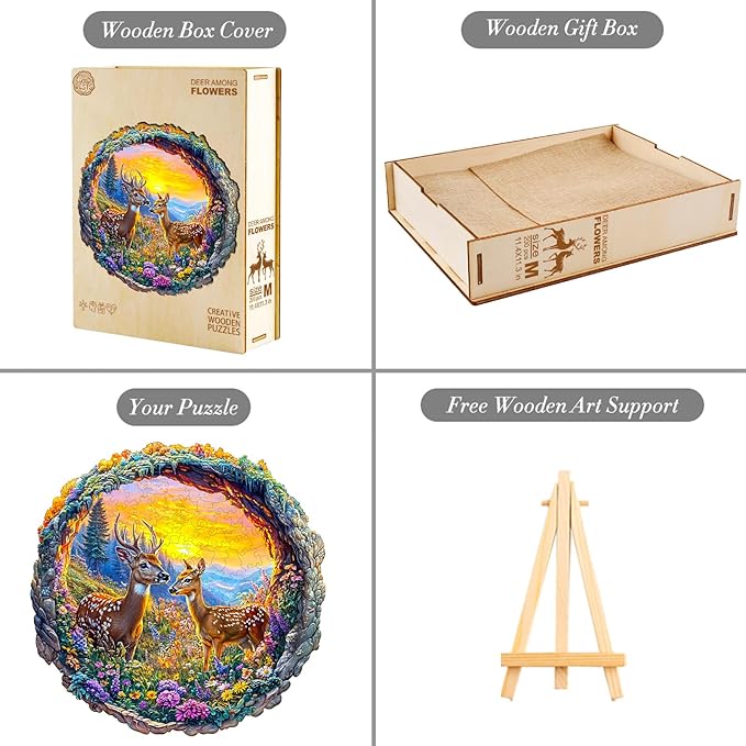KAAYEE Wooden Puzzles for Adults, 3D Visual Effect Deer and Flowers Wooden Jigsaw Puzzle Unique Shape Wood Puzzle Adult, Birthday Gifts for Puzzle Lovers Family Games (M-11.4 * 11.3in-200pcs)