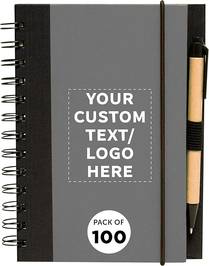 DISCOUNT PROMOS Custom Eco Block Notebooks with Pens Set of 100, Personalized Bulk Pack - Perfect for School, Office, Business, Home - Smoke