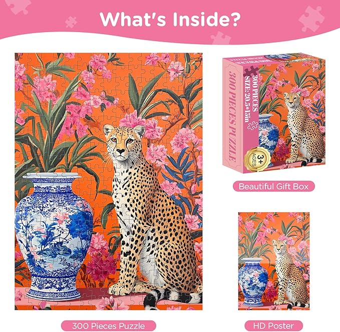 300 Piece Puzzles for Adults,Leopard Puzzle 300 Pieces,Vase Flowers Jigsaw Puzzles for Kids Adult Senior Recycled Cardboard Jigsaw Puzzle for Tabletop Challenging Puzzles Game Party Gift