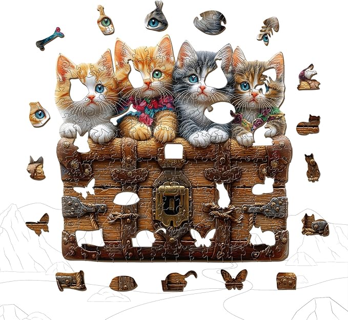 Wooden Puzzles for Adults - Cute Kitten Trunk Wood Puzzles Adult - Unique Animal Shape Wooden Jigsaw Puzzles for Adults - Birthday Gifts for Puzzle Lovers, Family (10.5 * 11in)