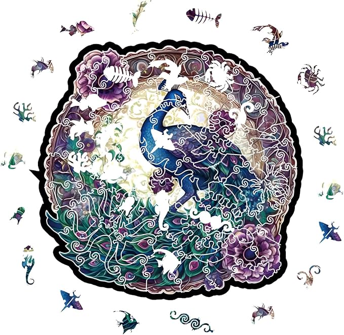 CRAFTHUB Animal Wooden Puzzles for Adults – A3 Enchanted Peacock with 129 Pieces – Jigsaw Puzzles with Unique Animal Shapes – 7.6" x 7.5"