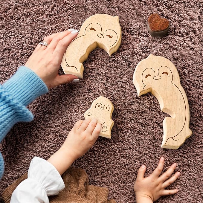 Wooden Penguin Family Puzzle Games, Personalized 3 Name Puzzle for Home Crafts Decor, House Warming Birthday Party Gifts for Mom Dad Grandma Kids New Baby, Wooden Penguin Family