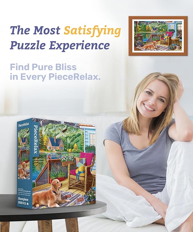 PieceRelax Plastic Jigsaw Puzzles for Adults 1000 Pieces - Image World - Terrace Near The Mountain Lake Most Satisfying Table Games and Gifts No Puzzle Mat Required [H3610]