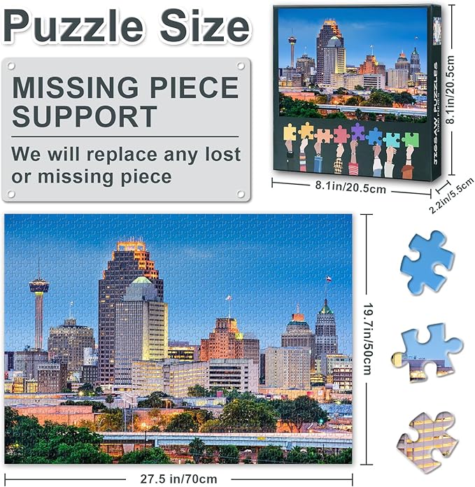 Puzzles for Adults 1000 Pieces Beautiful San Antonio Skyline Challenging Jigsaw Puzzles for Adults, 27.5x19.7 Inch Puzzle Game for Women Home Decor Birthday Gift (Texas Cityscape Skyscrapers)