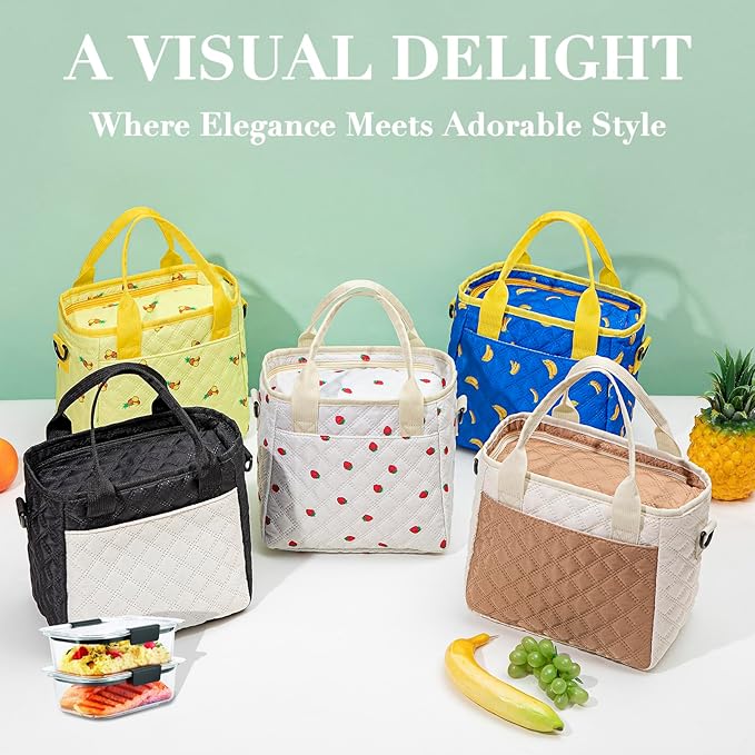 TuErCao Cute Stylish Strawberry-Print Insulated Lunch Bag for Women Kids, Ultrasonic SoftTouch LunchBox for School, Office, Picnic, Grocery Shopping, Lightweight Small Lunch Bag with Adjustable Strap