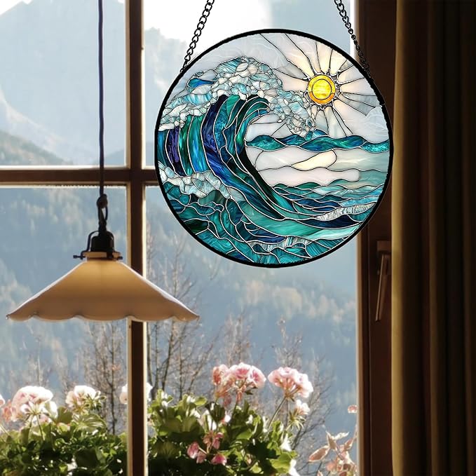 Stained Glass Window Hanging - Blue Green Waves Suncatcher for Door Terrace Garden Home Decor Sunrise Over The Sea Sun Catcher Birthday Gifts for Lovers Women Men Dad Mom Nana 15 in