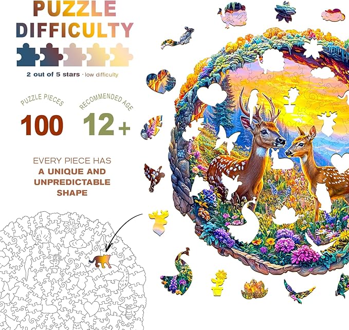 Wooden Puzzles for Adults - Deer Among Flowers Wooden Jigsaw Puzzle - Unique Animal Shaped Wood Puzzles Adult - Christmas Birthday Gifts for Adults/Friends/Family - 100pcs 8.5 * 8.4in