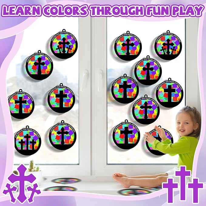 32 Sets Cross Suncatchers Craft Kit DIY Religious Window Stained Glass Effect Christian Paper Craft Home School Classroom Decoration Kid Sunday School Birthday Gift Creative Art Project Activity Game