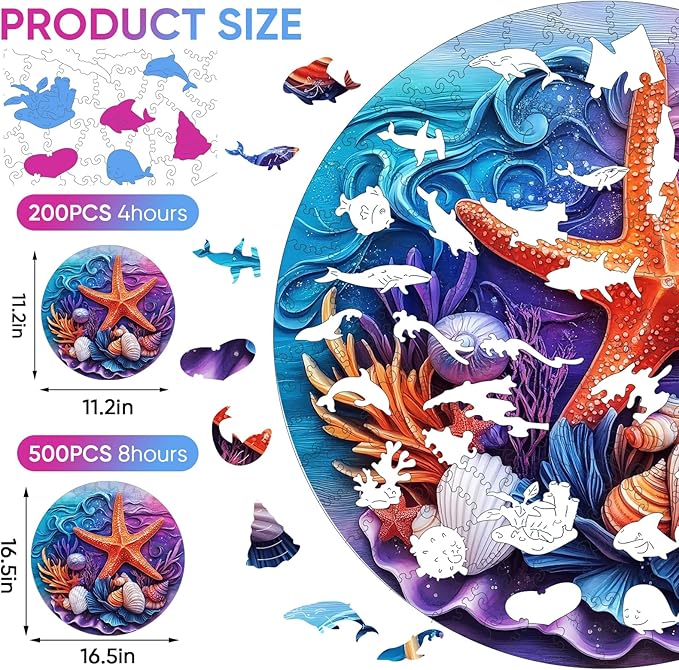 delobil Wooden Puzzles for Adults, Seashell Starfish Jigsaw Puzzles 200 Pieces, Unique Shape Summer Puzzles with Wooden Box, 11.2 x 11.2 Inches Family Puzzles Game Gift for Adults and Kids